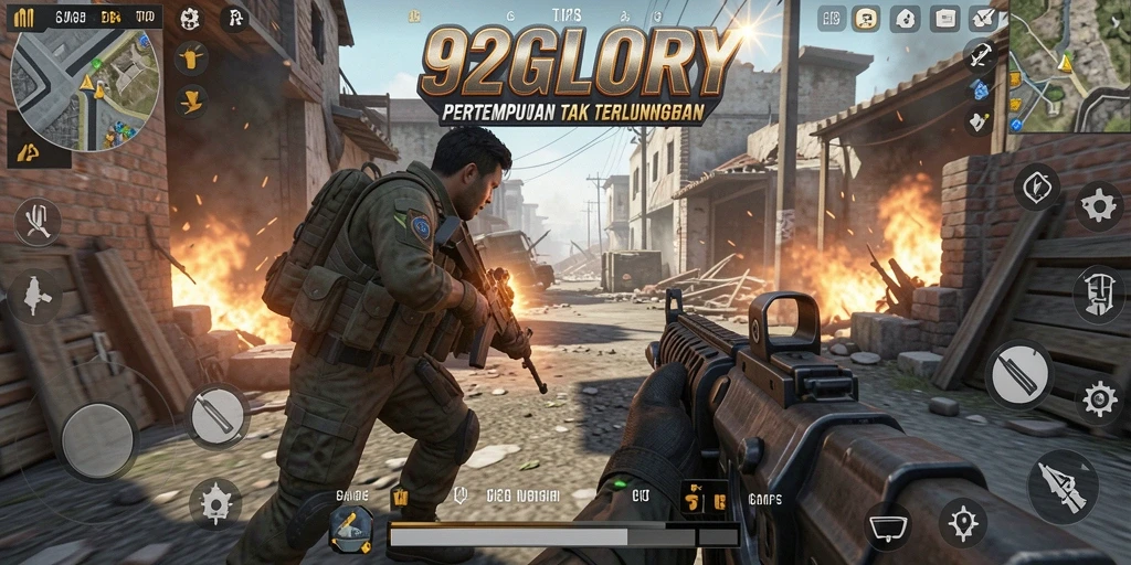 Screenshot gameplay 92GLORY menampilkan pertempuran intens di medan perang.