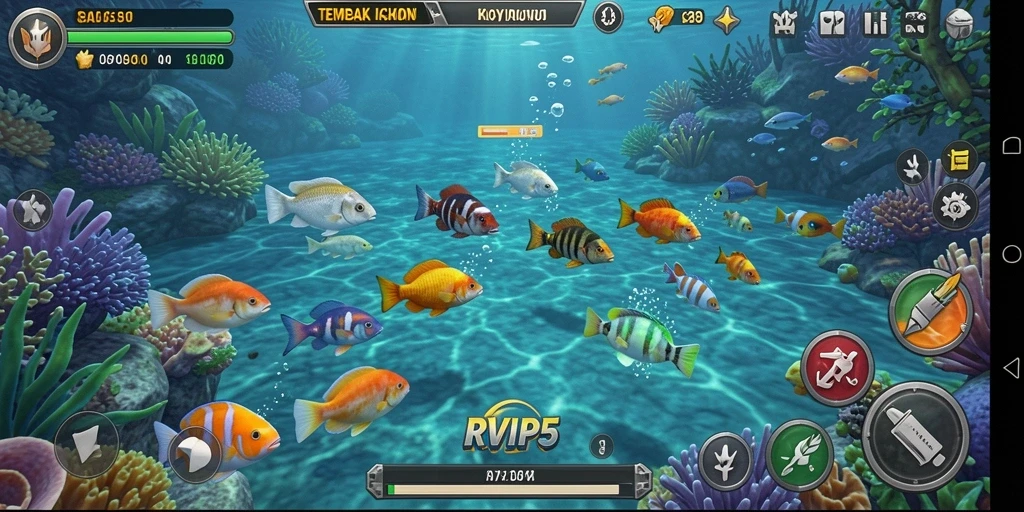 Screenshot utama menunjukkan aksi menangkap ikan yang seru.